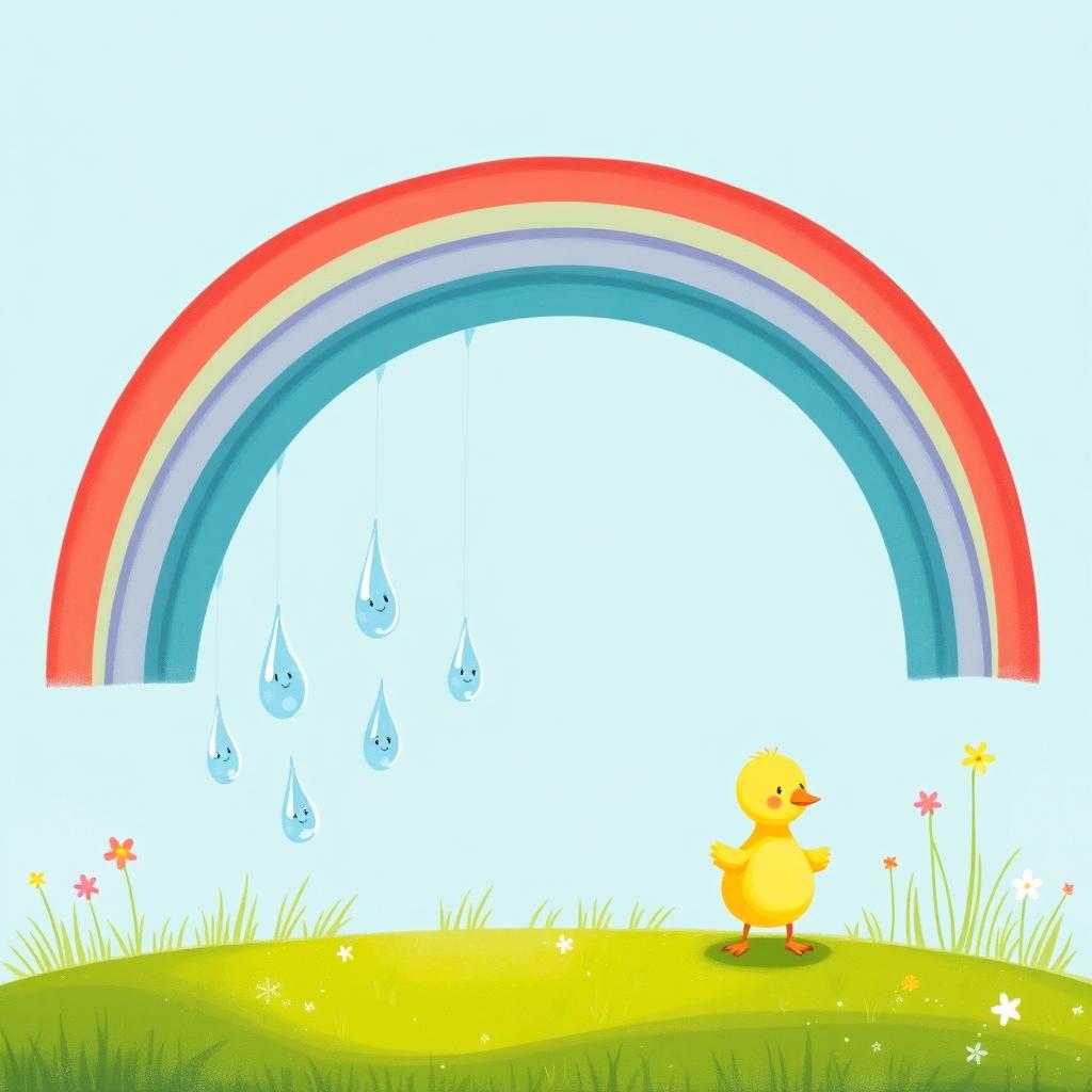 In a charming spring scene, a vibrant seven-colored rainbow arches across a bright blue sky