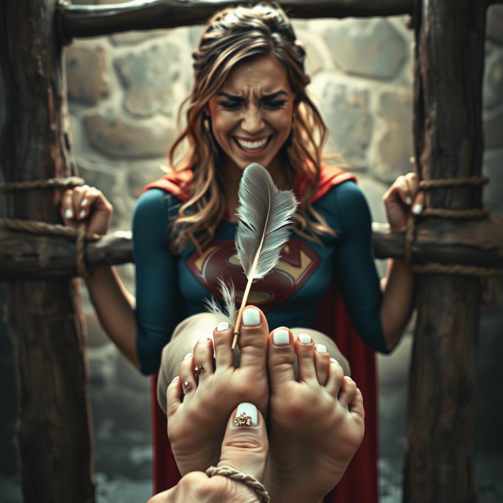Supergirl in a dramatic fantasy dungeon scene, tied to a rough wooden rack with her bare feet extended and securely bound together with ropes, unable to move