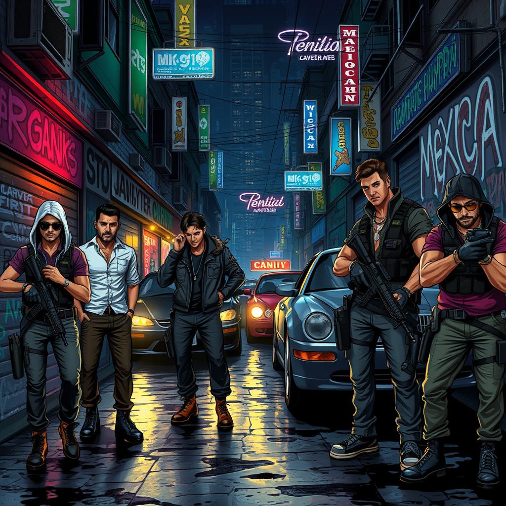 A detailed and dynamic illustration depicting a high-stakes Mexican cartel scene in a bustling urban environment at night