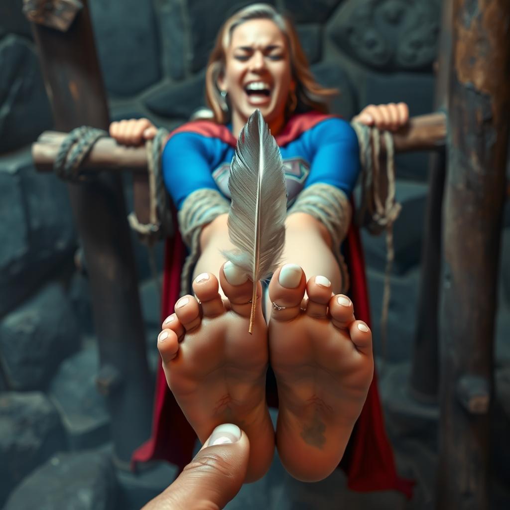 Supergirl in a dramatic fantasy dungeon environment, shown from a soles view