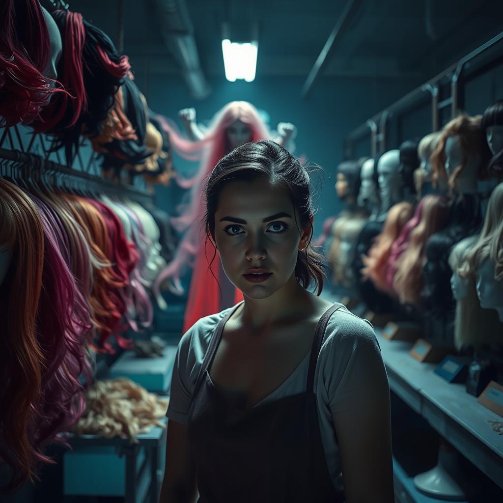 A horror-themed image depicting a woman working at a wig factory, with various colorful wig hair on display around her