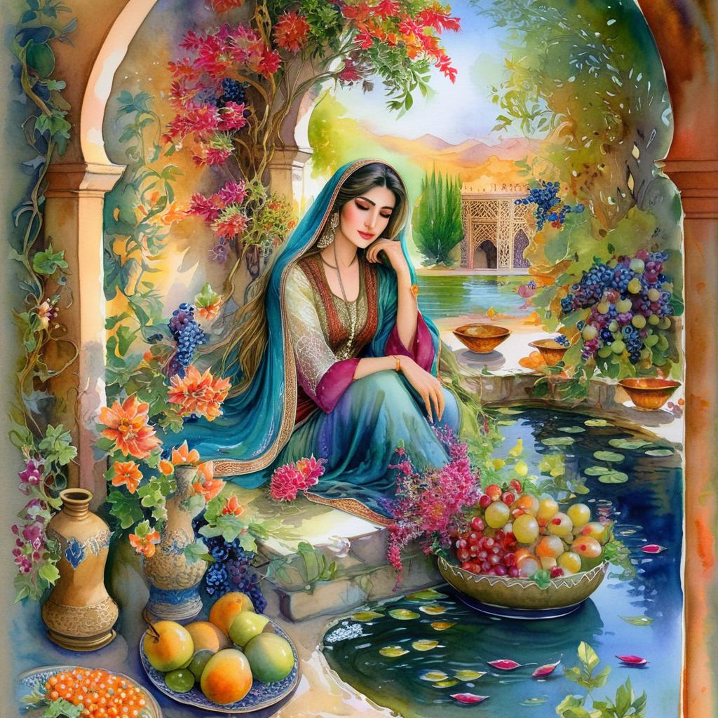 Mystical and spiritual watercolor painting of a beautiful Iranian woman sitting by a pond inside a beautiful courtyard with fruit and grape dishes, traditional vases and colorful flowers