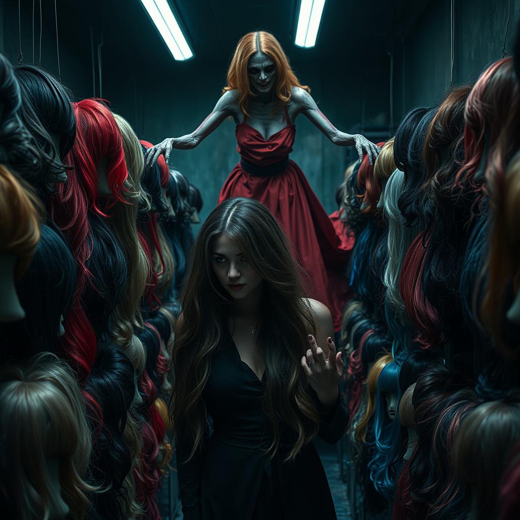 A chilling scene set in a wig factory, featuring a woman surrounded by an assortment of colorful wigs, making it vivid and intriguing
