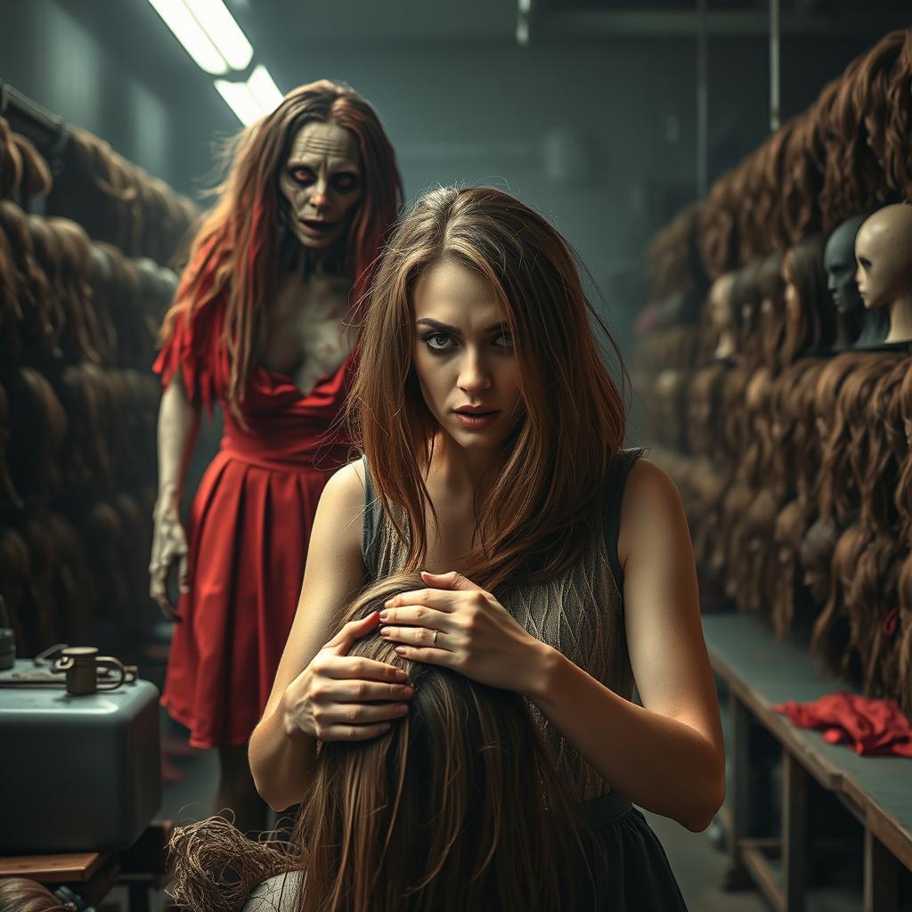 A spooky horror-themed image featuring a factory setting where wigs are made