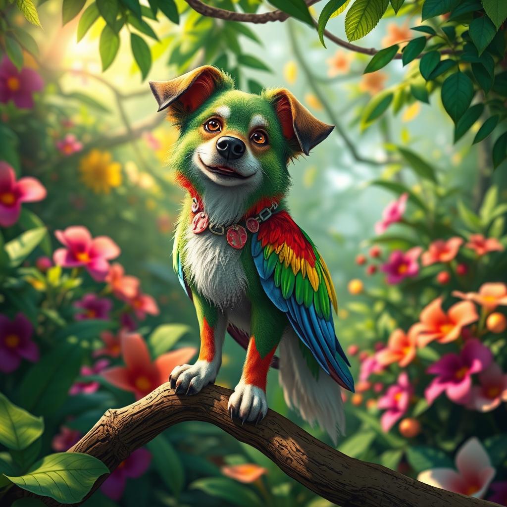 A whimsical fantasy scene featuring a dog with colorful feathers standing proudly on a branch