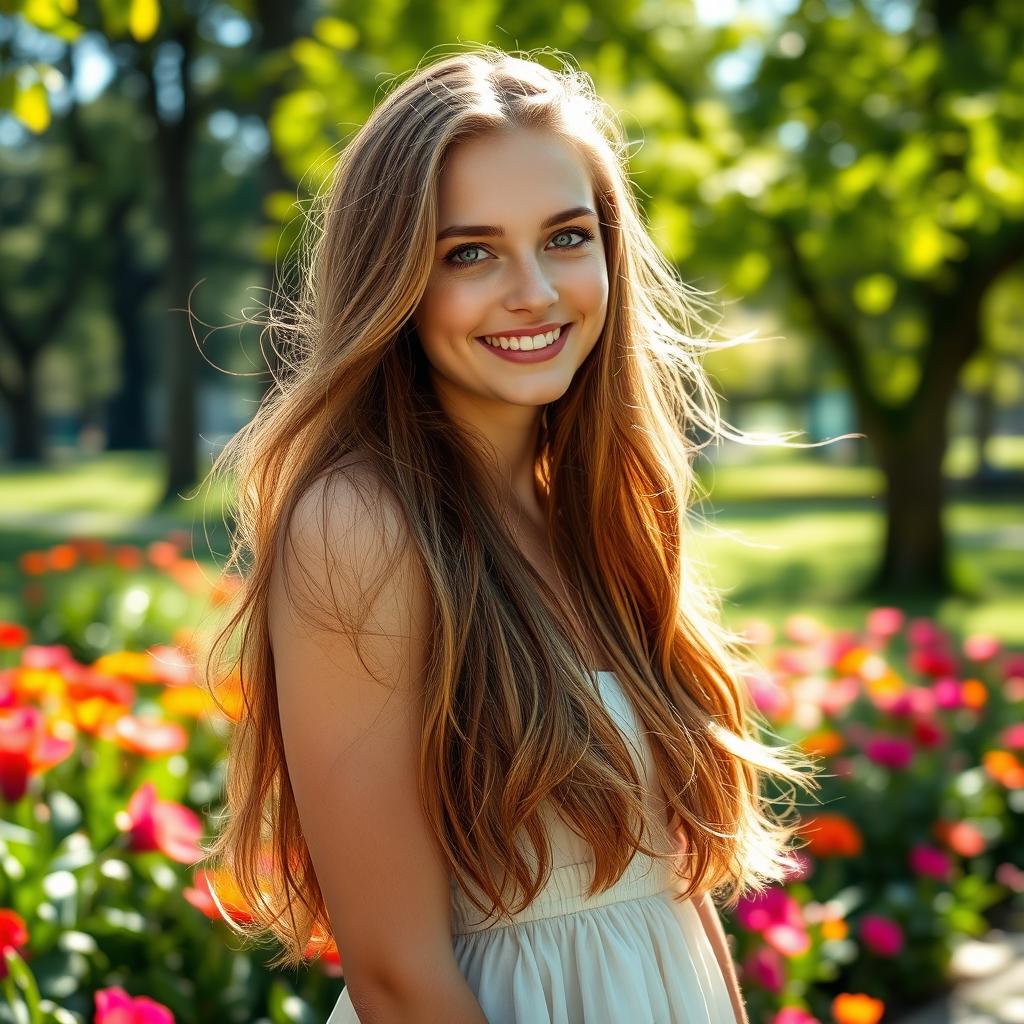 A beautiful 20-year-old woman with long, flowing hair, bright blue eyes, and a radiant smile, standing in a sunlit park surrounded by vibrant flowers and lush greenery