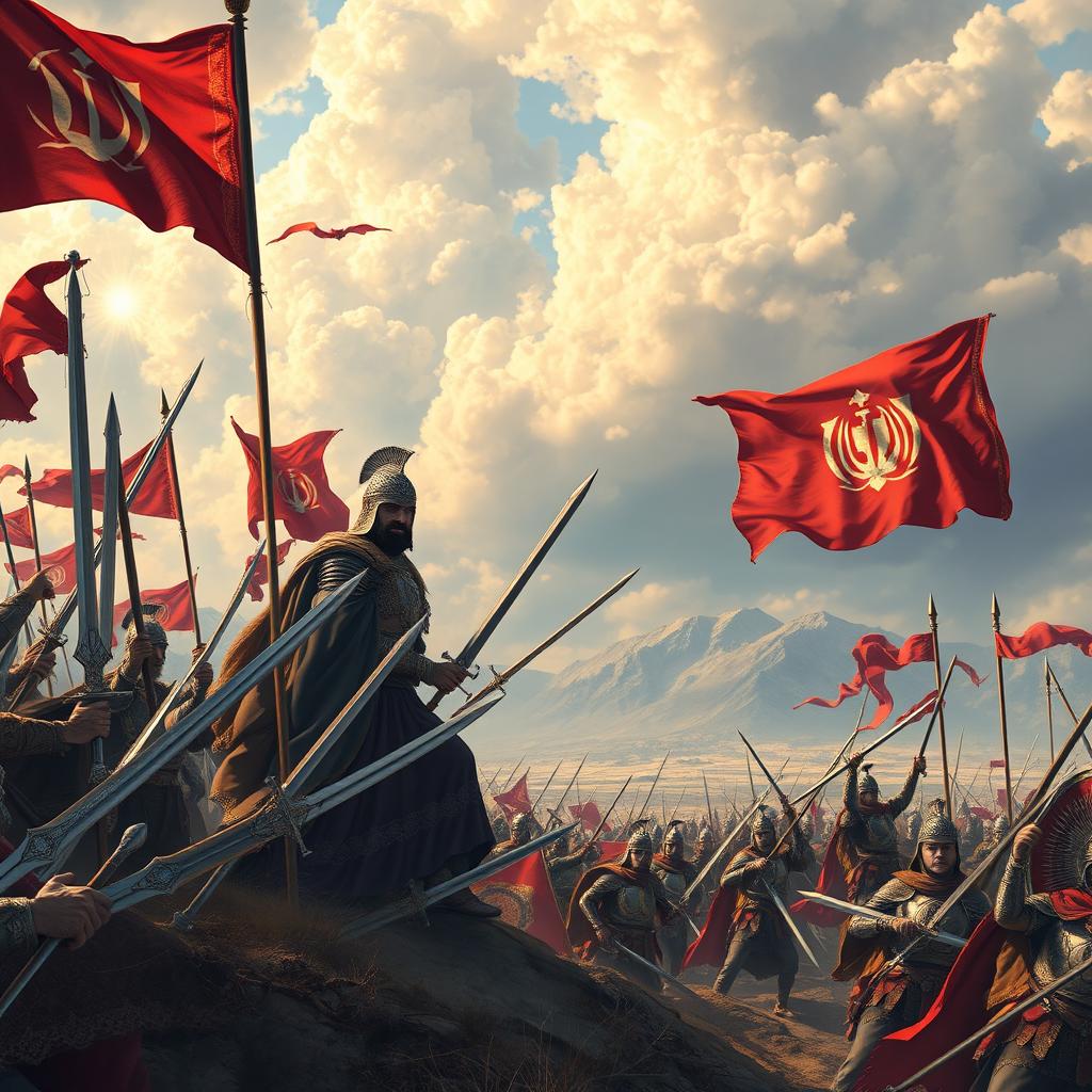 A majestic scene depicting an Iranian general leading an army, surrounded by brave warriors wielding swords, wearing ornate armor reflecting the rich history and culture of ancient Persia