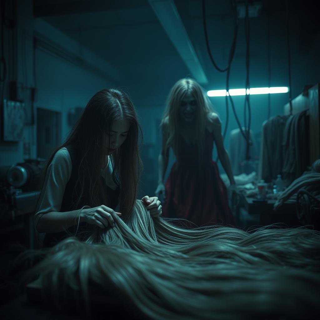 A chilling scene set in a wig factory, showcasing a woman in a factory setting skillfully working with long, flowing wig hair