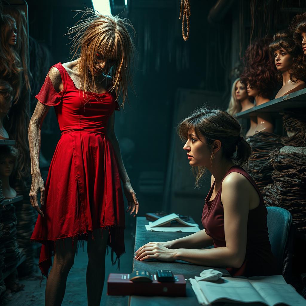 A chilling horror scene set in a wig factory, featuring a woman at work surrounded by stacks of wigs