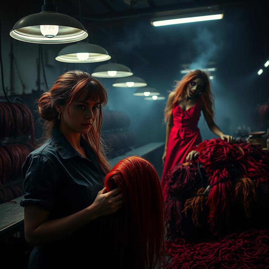 A haunting scene set in a dimly lit wig factory