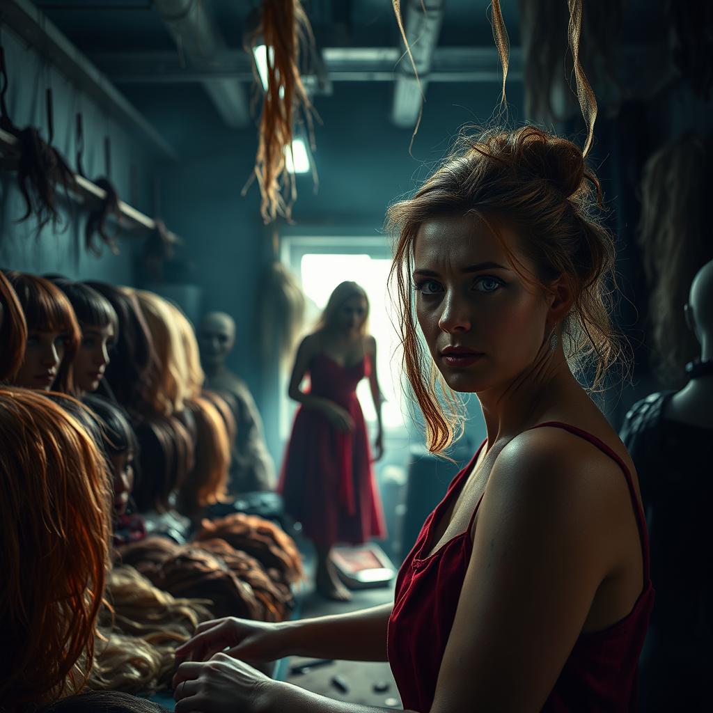 A haunting scene inside a wig factory where a woman works