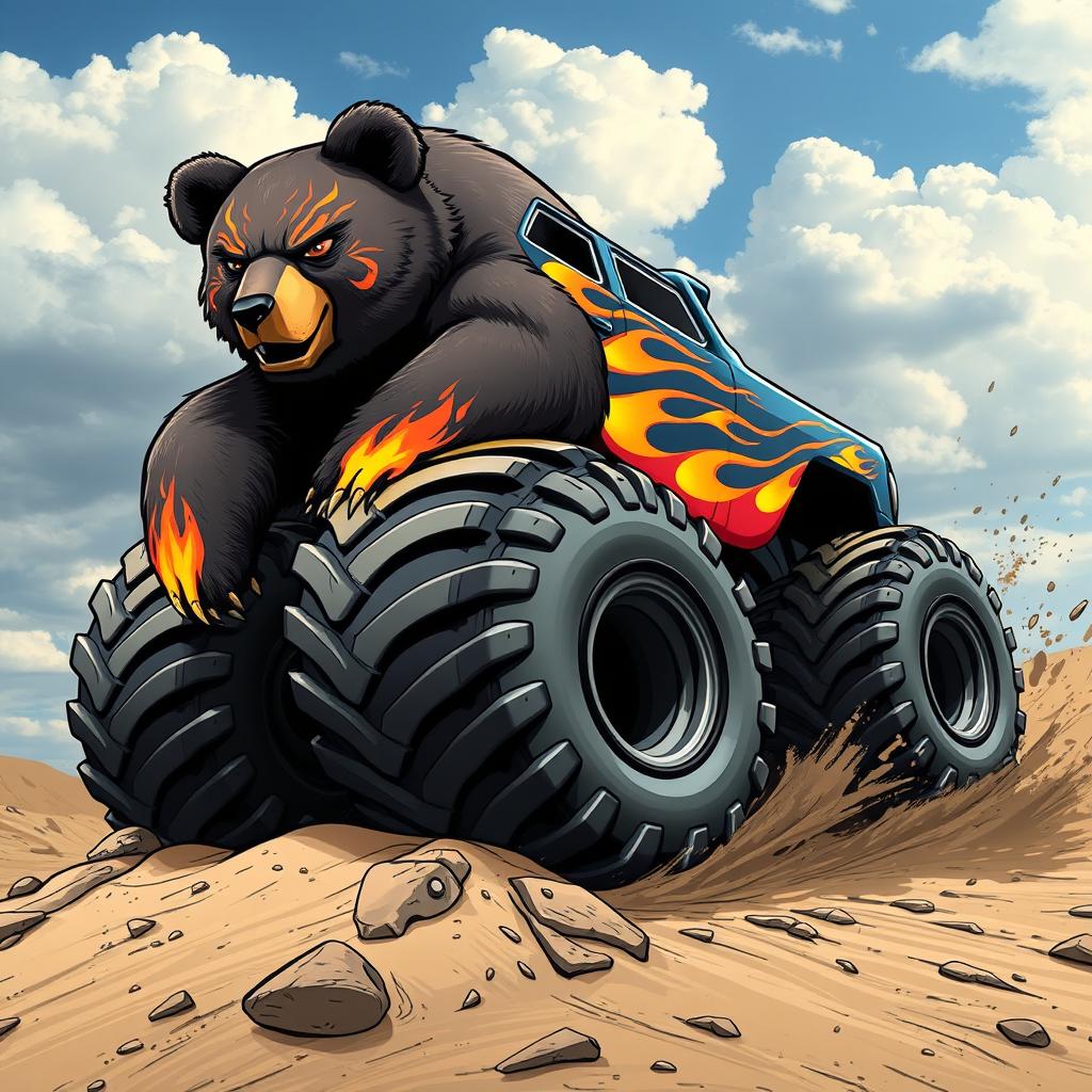 A bear designed with elements inspired by a monster truck, featuring oversized tires for paws, a vibrant paint job with bold flames and decals, and a powerful stance