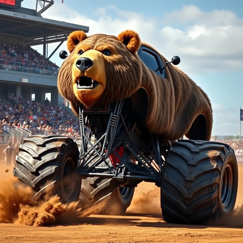 A massive monster truck designed to resemble a bear, featuring detailed fur texture in shades of brown and black