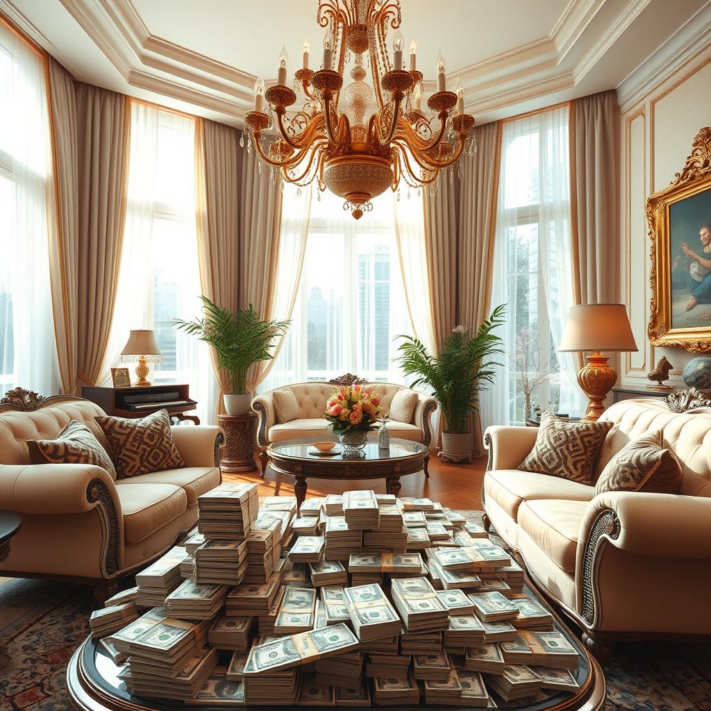 A luxurious indoor home setting that conveys wealth and comfort, featuring an elegantly furnished living room filled with stacks of money, piles of cash on the coffee table, and an opulent chandelier overhead