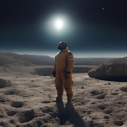 A detailed portrait of Kanye West, standing on a highly defined lunar surface, with the vast cosmos as his backdrop.