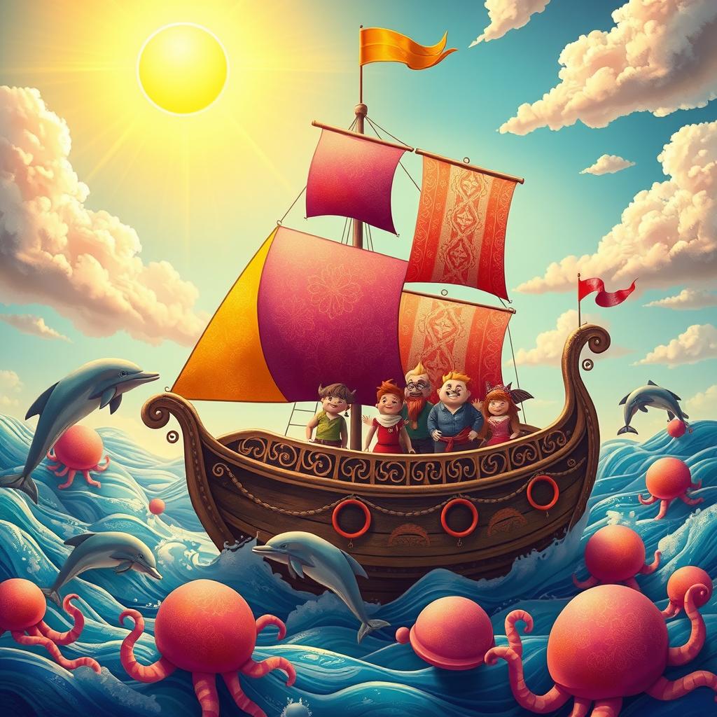A whimsical scene depicting a fantastical ship with colorful sails, sailing through a vibrant and surreal ocean filled with oversized, playful sea creatures like dolphins and jellyfish