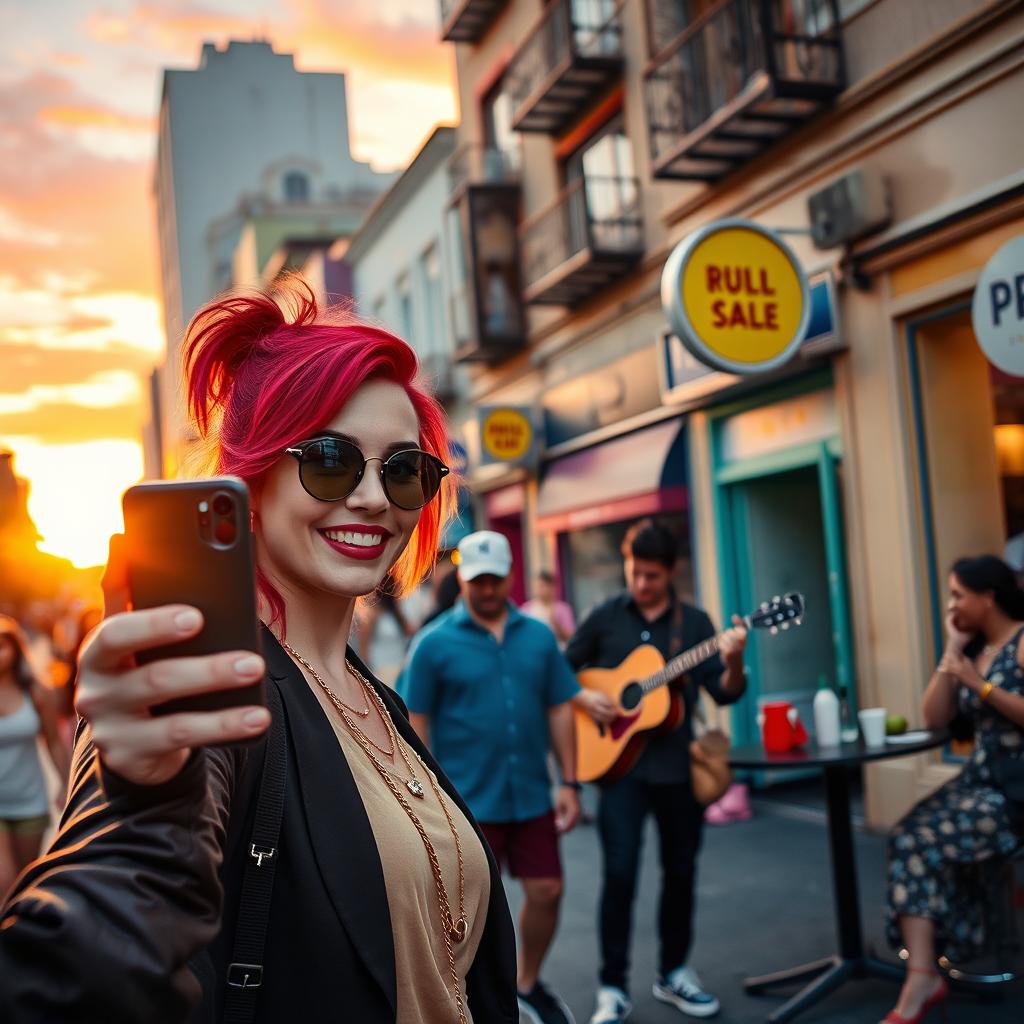 A vibrant urban street scene, showcasing diverse people walking busy streets lined with colorful storefronts and lively cafes