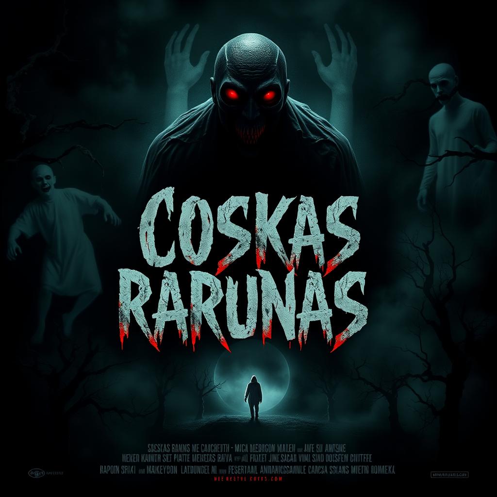A chilling movie poster for 'Coskas Rarunas', featuring a dark and eerie atmosphere filled with unsettling elements