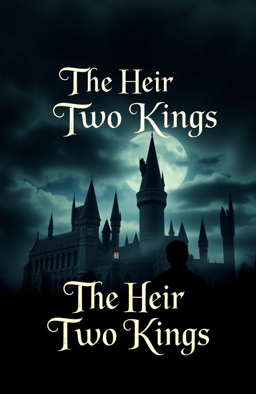 A dramatic silhouette of a man standing in front of Hogwarts Castle, set against a backdrop of cloudy night skies