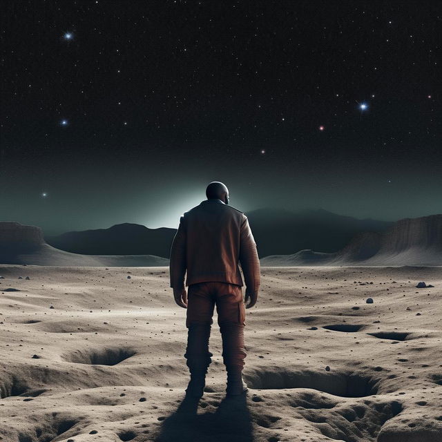 A detailed portrait of Kanye West, standing on a highly defined lunar surface, with the vast cosmos as his backdrop.