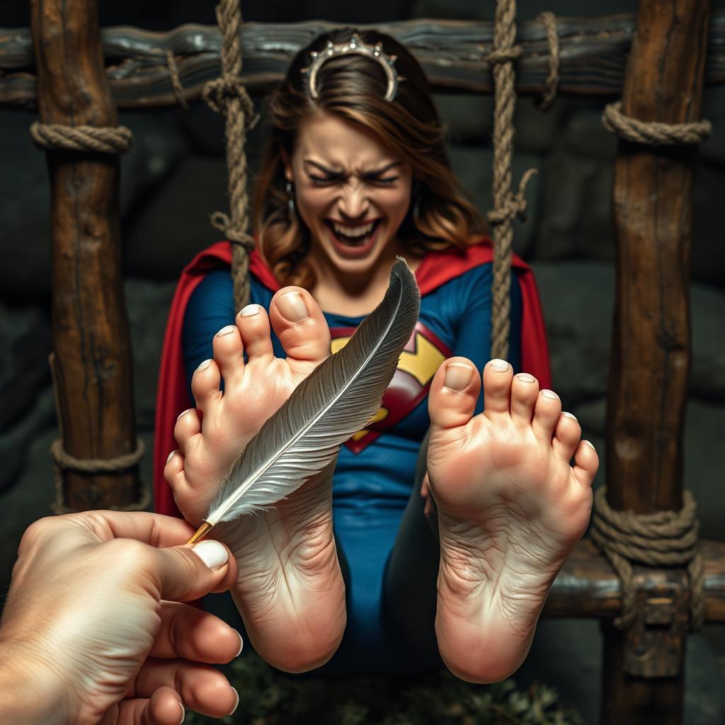 Supergirl depicted in a dramatic fantasy dungeon scene, bound to a rough wooden rack with her bare feet extended and securely tied together with ropes, immobilizing her