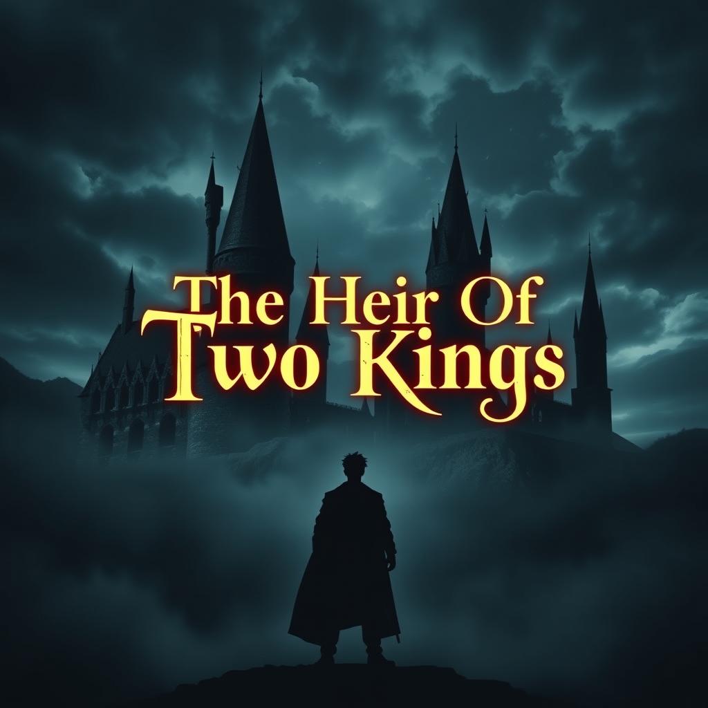 A striking silhouette of a man standing in front of Hogwarts Castle, surrounded by ominous cloudy night skies