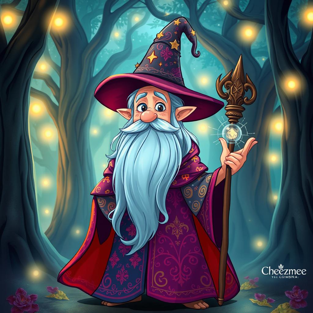 A whimsical and enchanting illustration of a character named Cheezmee, who resembles a quirky version of Gandalf