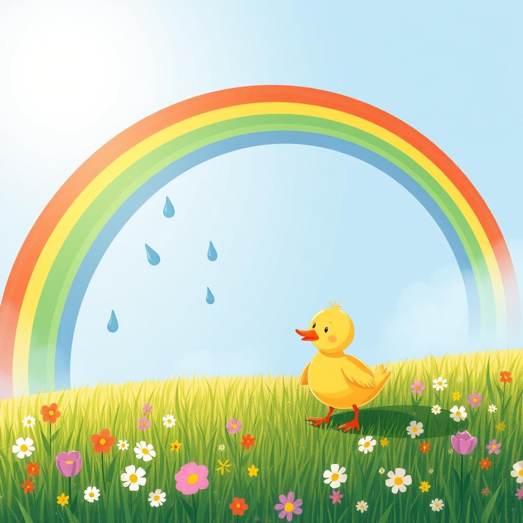 In spring, a vibrant scene depicting a multi-colored rainbow arching across a bright blue sky, with cute little water droplet characters playfully rolling down from the rainbow