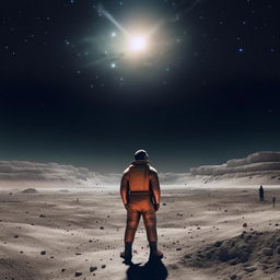 A detailed portrait of Kanye West, standing on a highly defined lunar surface, with the vast cosmos as his backdrop.