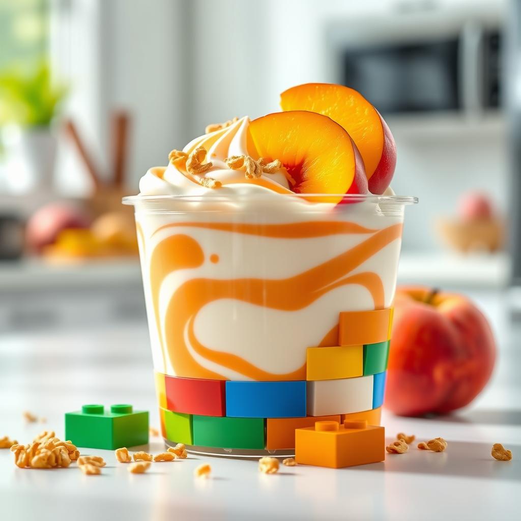 A whimsical scene depicting colorful LEGO bricks creatively assembled to form a large container of peach yogurt