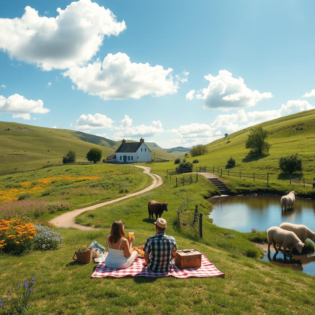 A picturesque rural tourism scene featuring a charming countryside with rolling hills, a quaint farmhouse, colorful wildflowers, and a small winding dirt path leading to the farmhouse