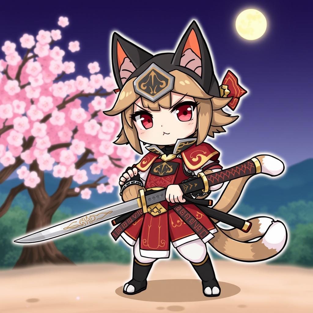 A cute and fierce humanoid cat girl character, known as Neko-Samurai-chan, wearing traditional samurai armor that incorporates feline elements