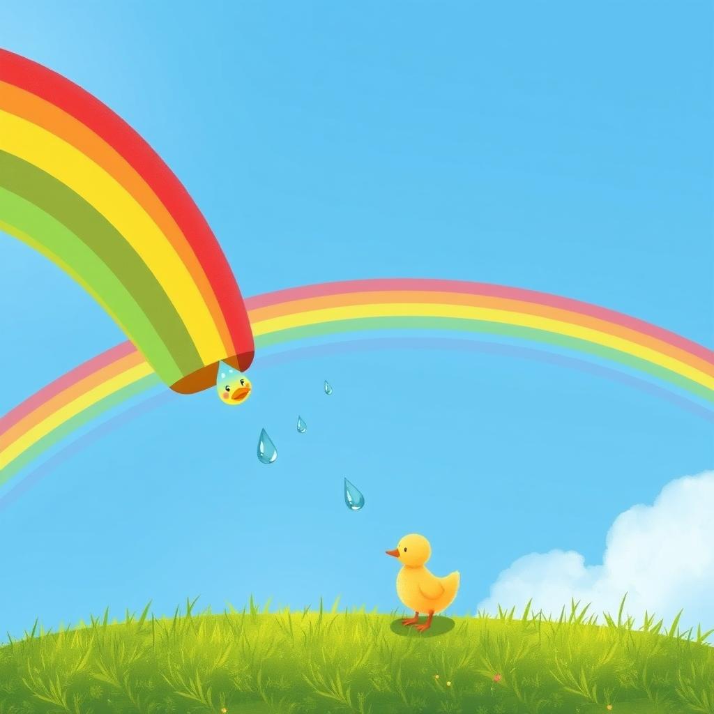 In a vibrant spring scene, a beautiful seven-colored rainbow arcs across a clear blue sky