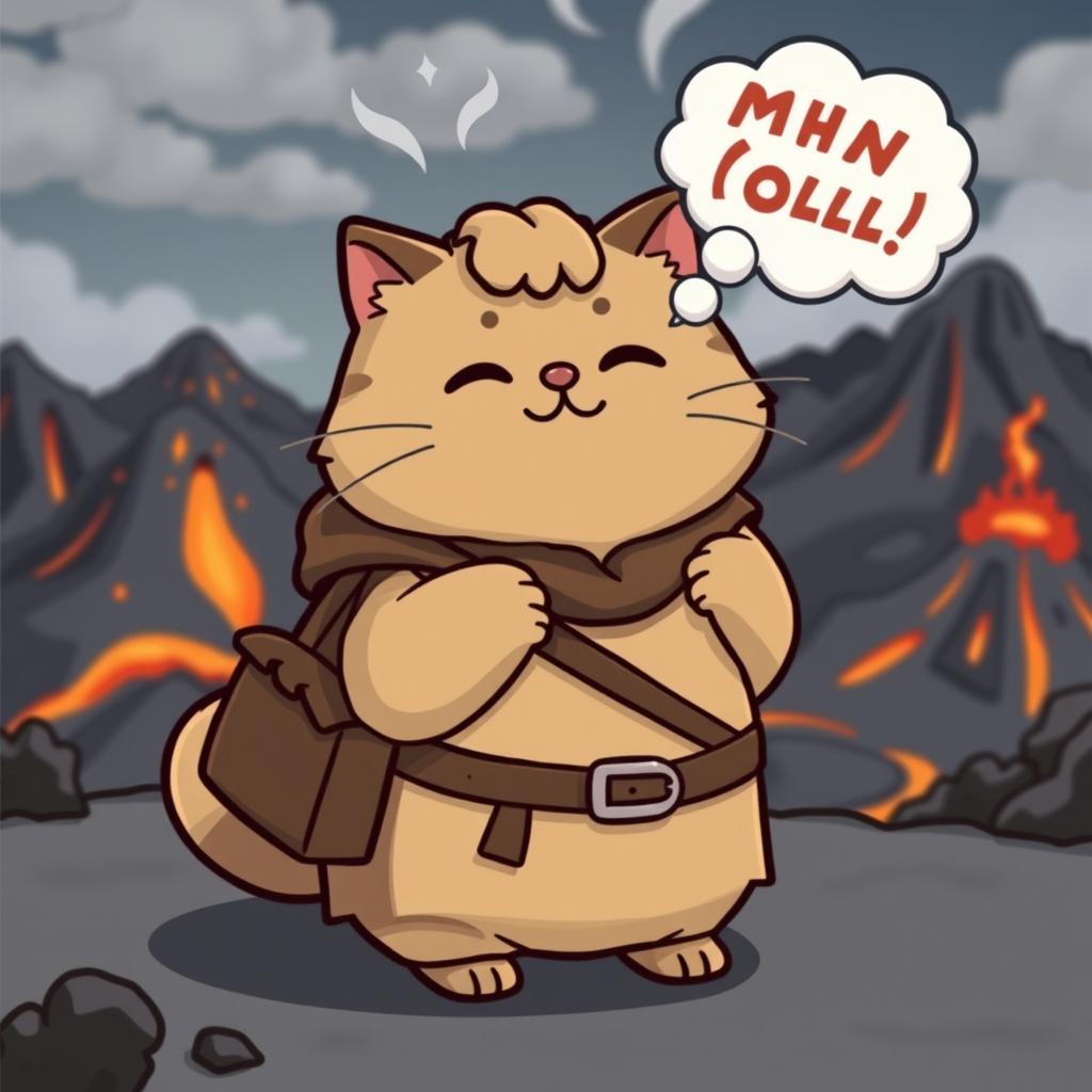 A cartoon cat resembling Pusheen, dressed as Frodo Baggins from The Lord of the Rings, holding a small bag over its shoulder