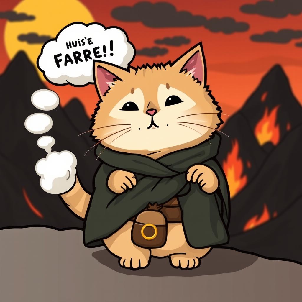 A cute and chubby cat character inspired by Pusheen, styled as a whimsical version of Frodo Baggins from The Lord of the Rings