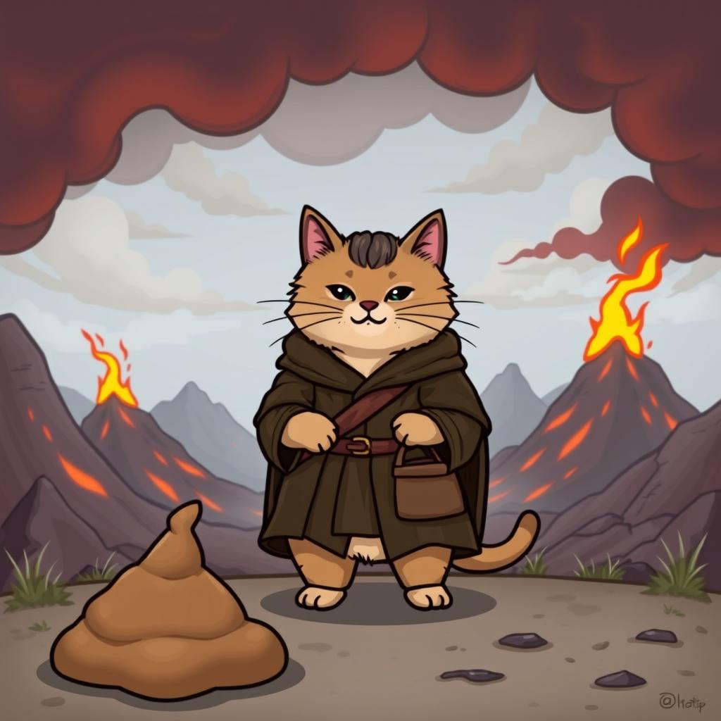 A whimsical cartoonish cat resembling Pusheen, dressed as Frodo from Lord of the Rings, holding a small bag