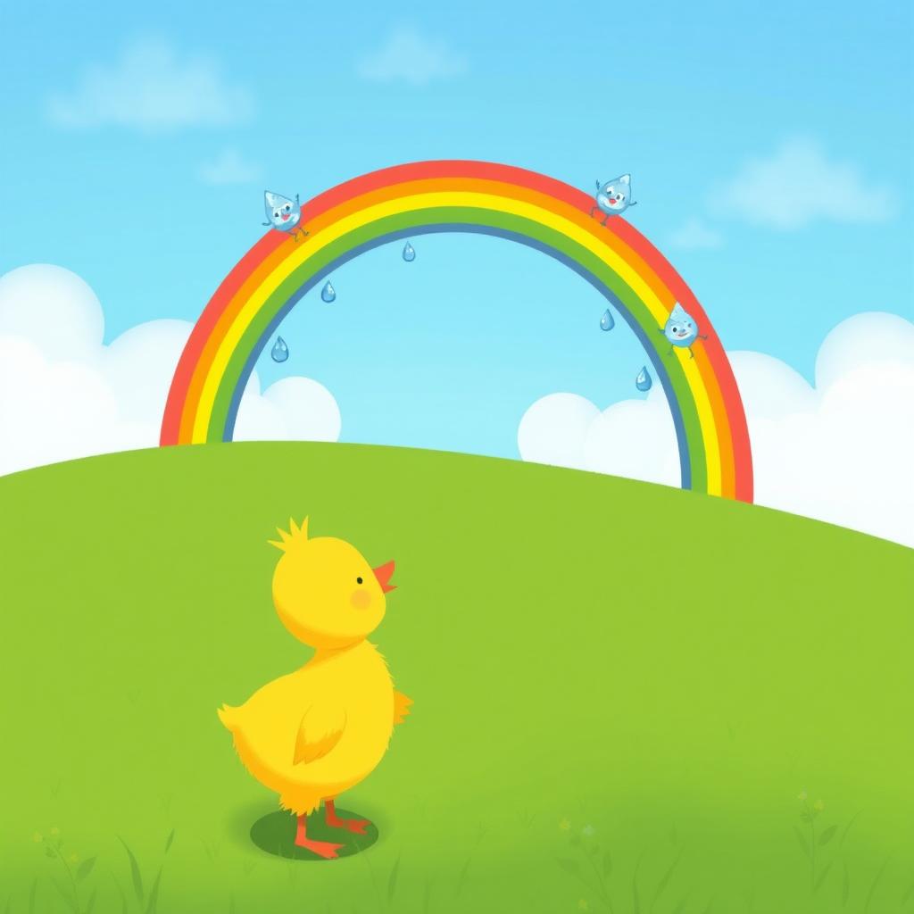 In spring, a vibrant rainbow arcs across a blue sky, where adorable little water droplet characters joyfully slide down the rainbow as if it were a slide