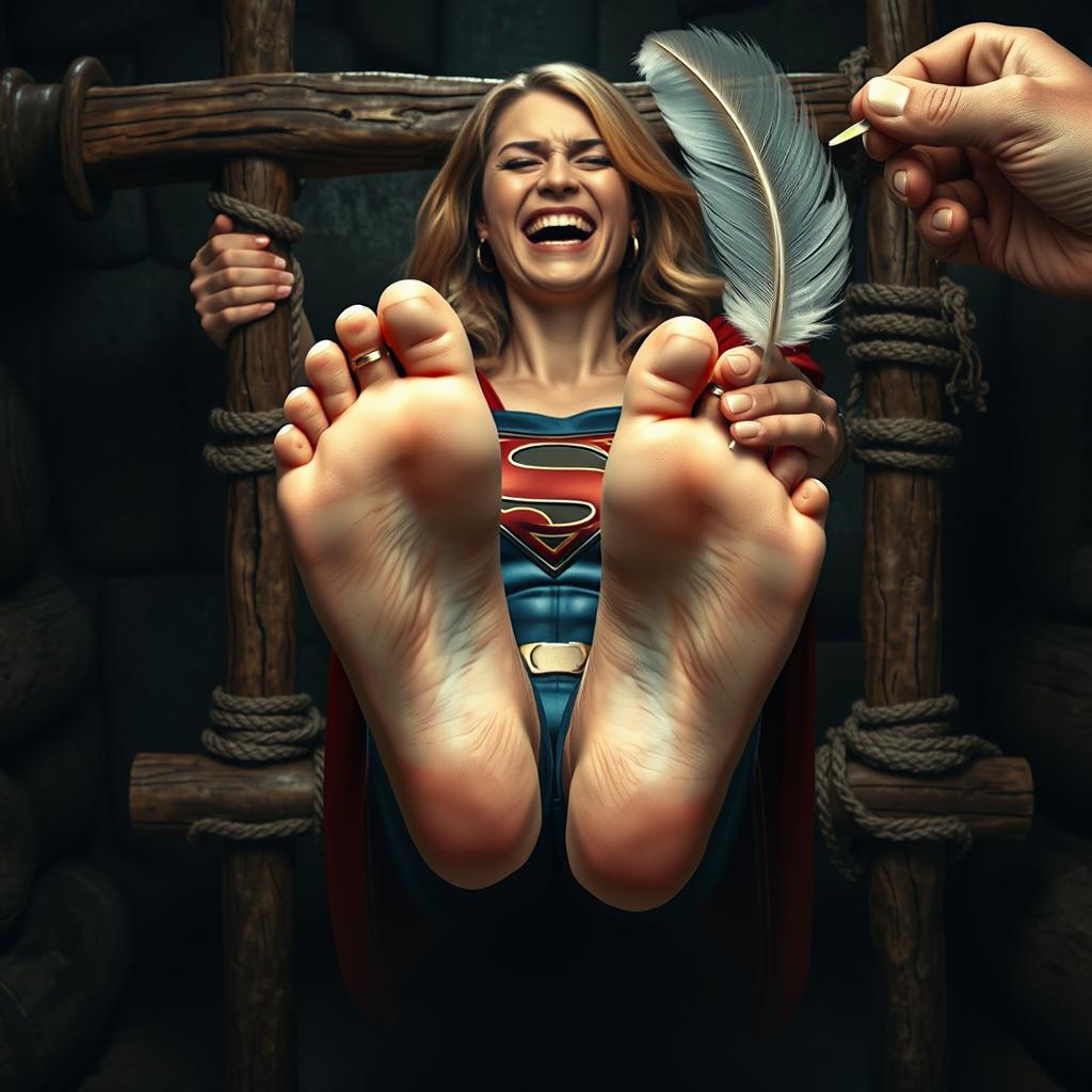 Supergirl depicted in a dramatic dungeon setting, secured on a rough wooden rack with her bare feet extended and tightly bound together by ropes, leaving her unable to move