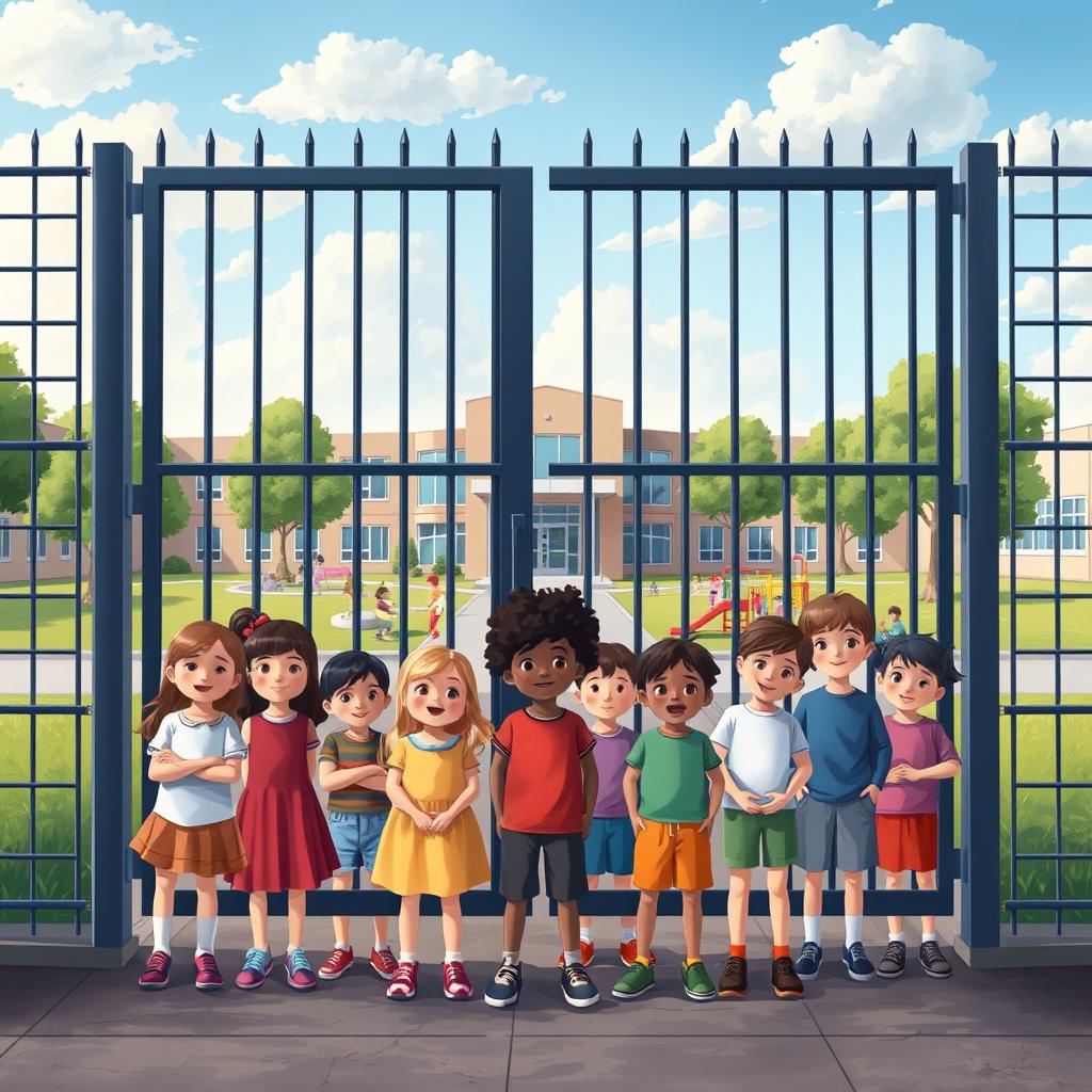 A scene depicting a mainstream school with locked gates