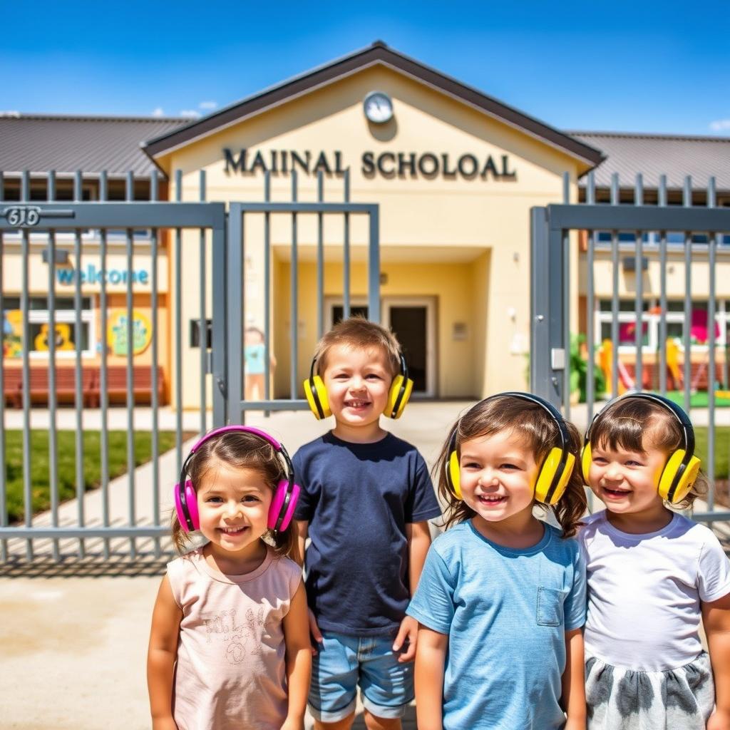A mainstream school with locked gates, featuring children with special needs wearing bright ear defenders, standing outside and gazing curiously at the building