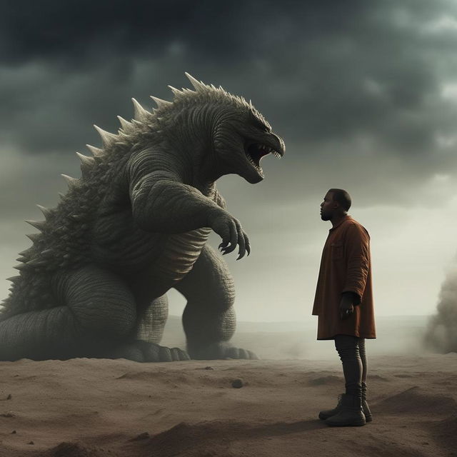 Add to the portrait an image of a dramatically detailed Godzilla, confronting Kanye West in a fierce stand-off on the lunar surface.