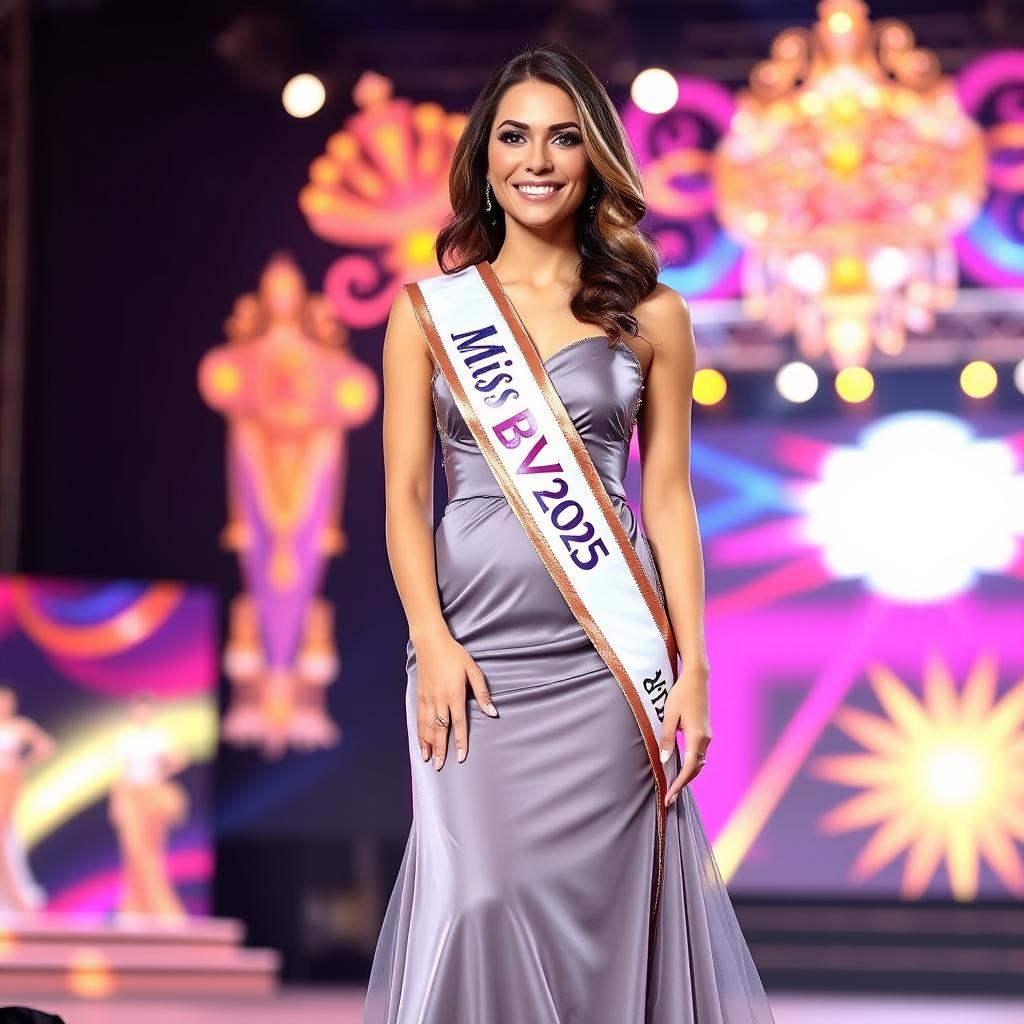 A beautiful woman standing proudly as a beauty pageant winner, wearing an elegant evening gown that flows gracefully to the floor