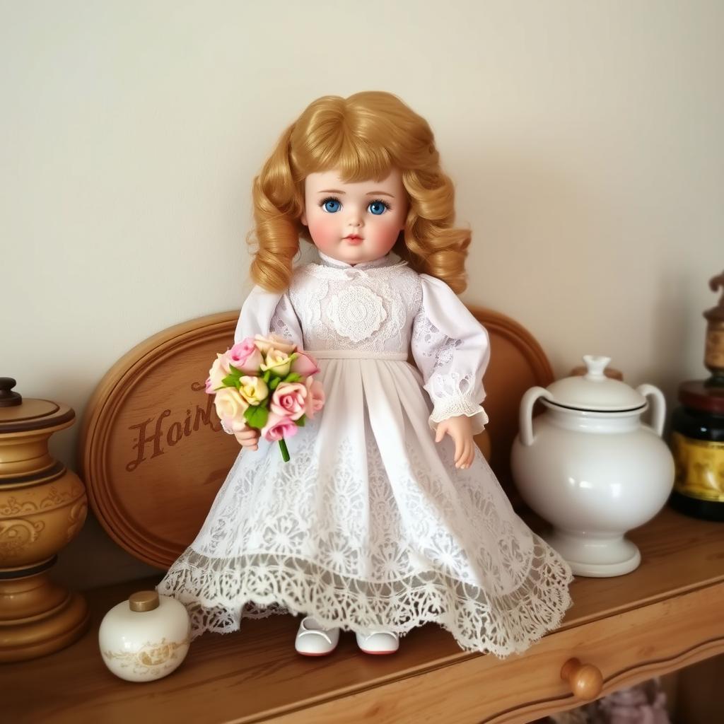 A beautifully crafted porcelain doll with intricate details, dressed in a vintage lace gown and holding a delicate bouquet of flowers