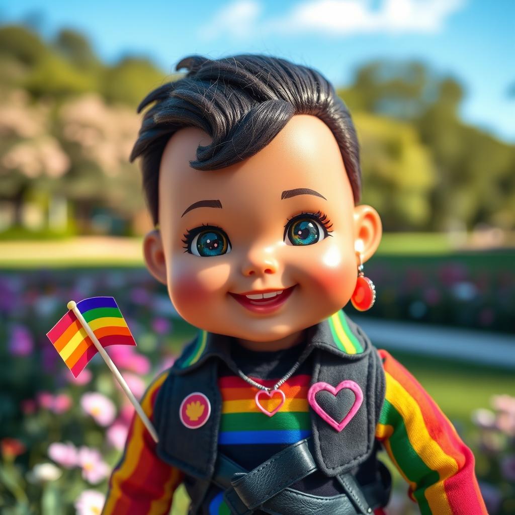 A vibrant and colorful representation of a gay doll, featuring bright rainbow patterns and stylish clothing that reflect LGBTQ+ pride