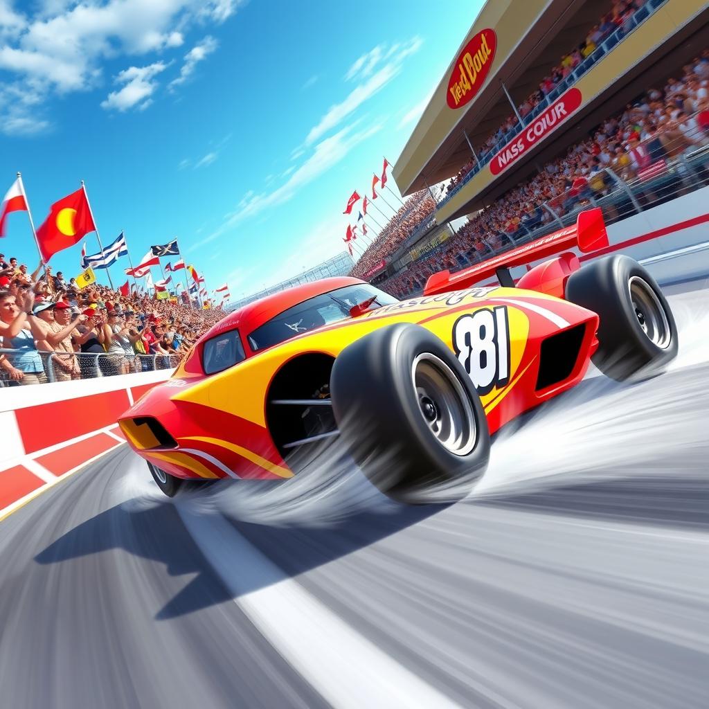 A vibrant and colorful depiction of a sporty and dynamic race car named Nascour, racing through a thrilling track surrounded by cheering fans