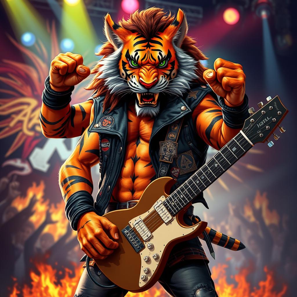 A fierce, muscular tiger-man, known as Rael, exudes a wild, metalhead vibe