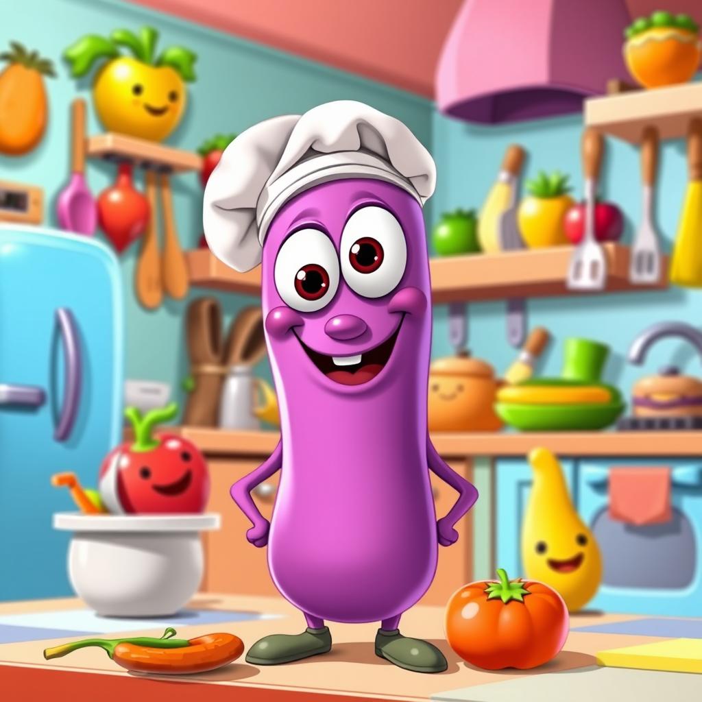 A whimsical and vibrant character, Zaton, a purple sausage with a friendly face and exaggerated features, is standing in a colorful, cartoon-style kitchen