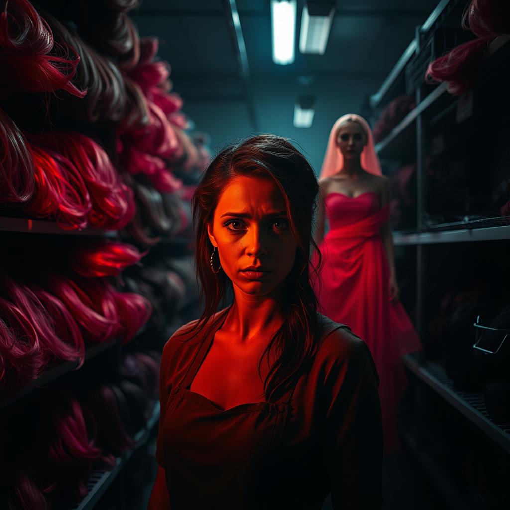 A haunting horror-themed image showcasing a woman working in a wig factory, surrounded by shelves filled with vibrant wig hair