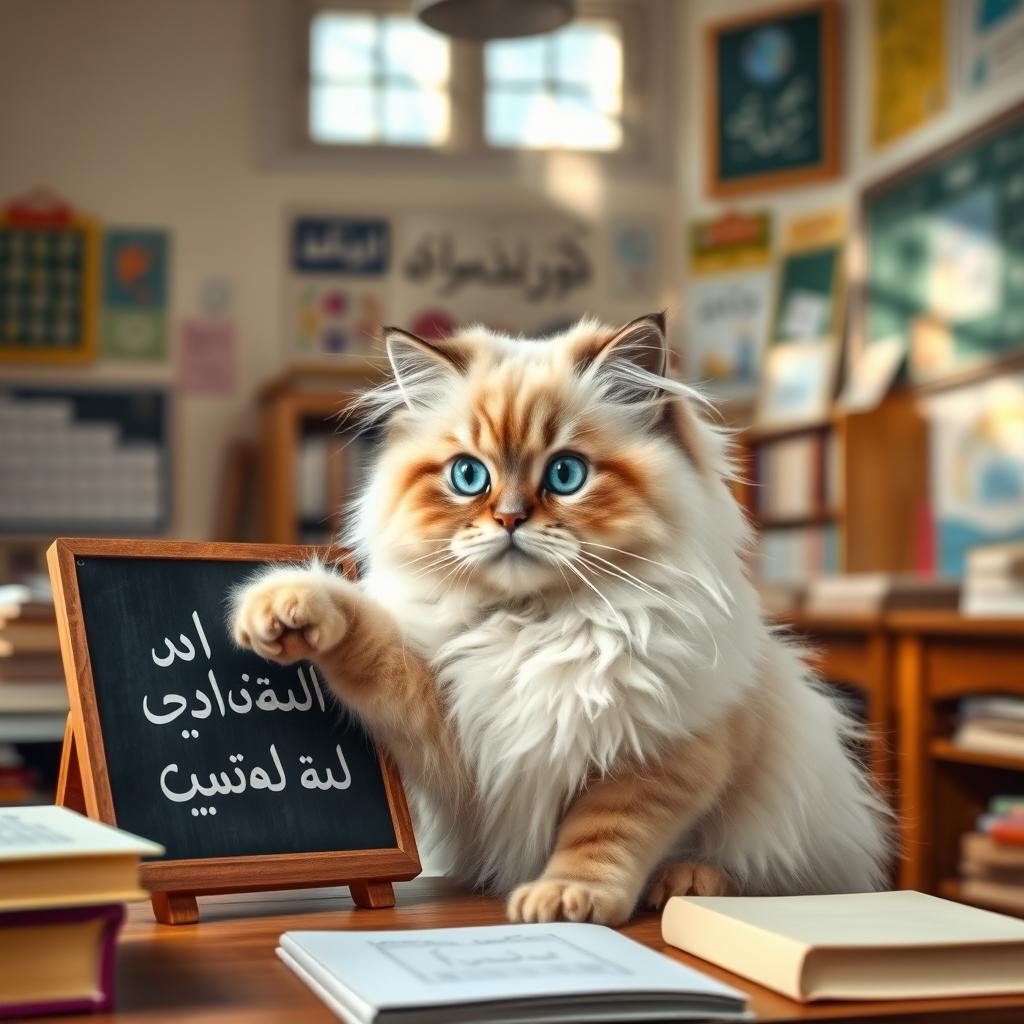 A beautiful Persian cat, with an elegant fluffy coat and bright blue eyes, sitting in a classroom filled with books and chalkboards