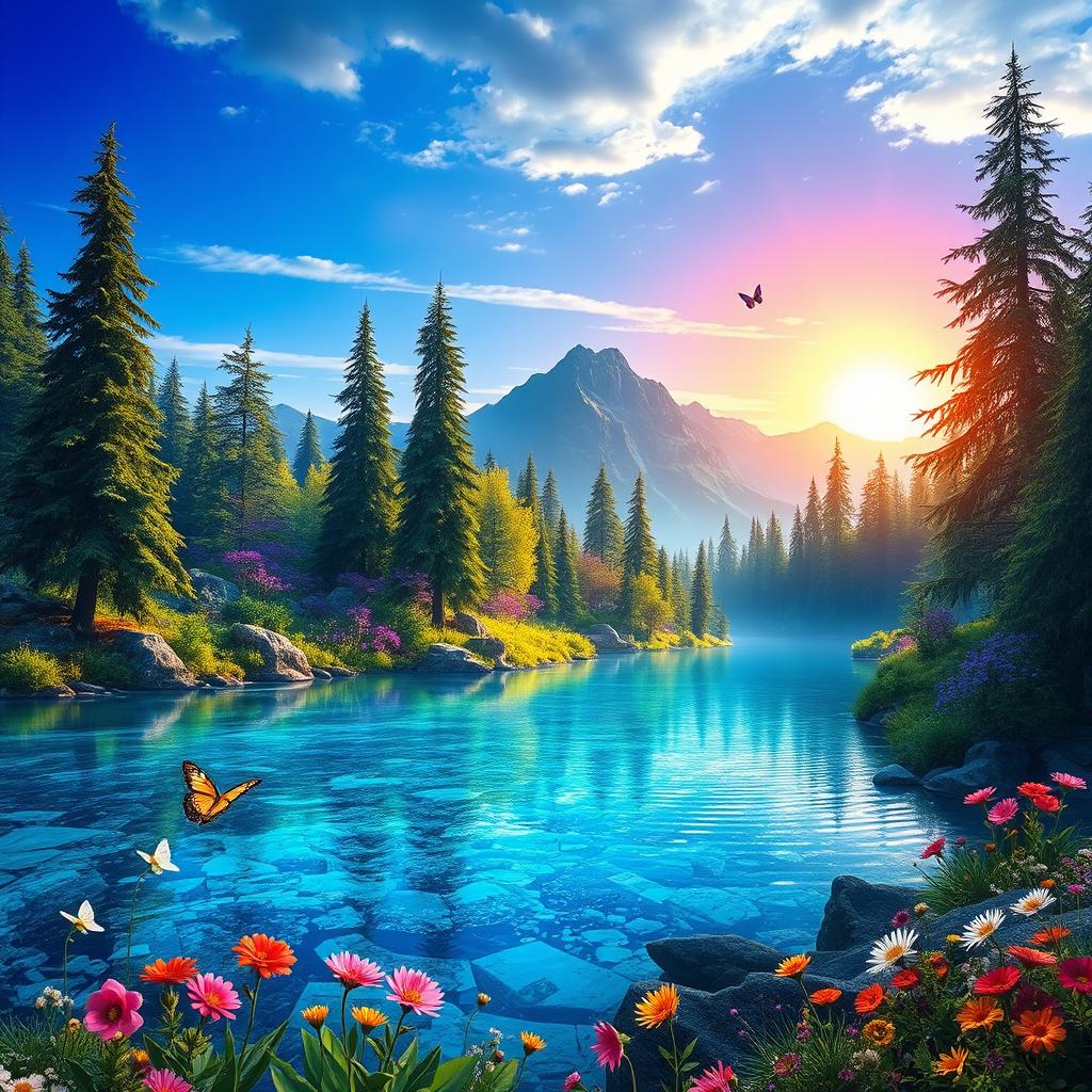 A mesmerizing fantasy landscape featuring a lush, vibrant forest with towering trees and colorful flowers